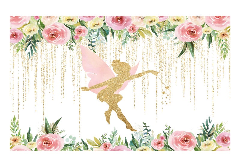 Funnytree Floral Fairy Birthday Party Backdrop for Photography Pink and Gold Fairy Tale Tea Flowers Wonderland Princess Girl Baby Shower Background Decoration Banner Supplies Photo Booth - Image 1